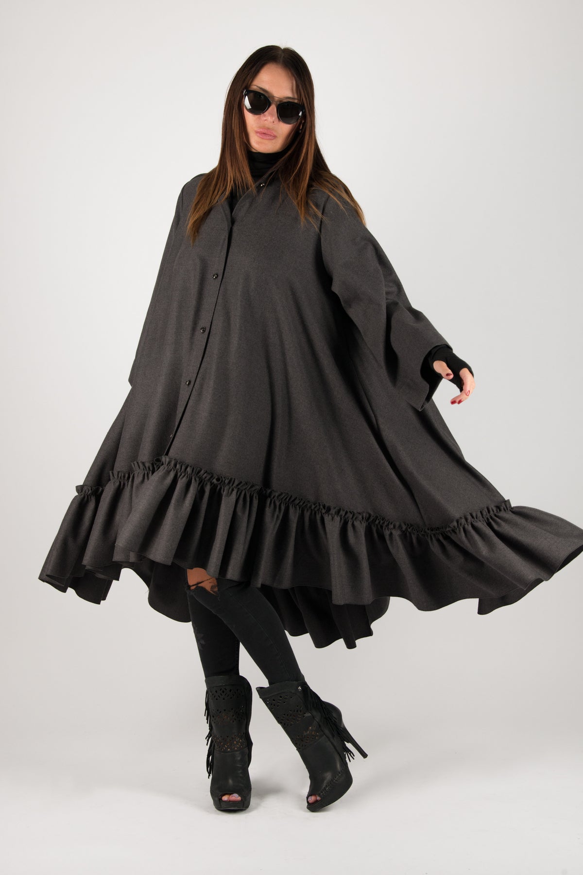 Dark grey cashmere wool shirt dress Tatiana - EUG Fashion
