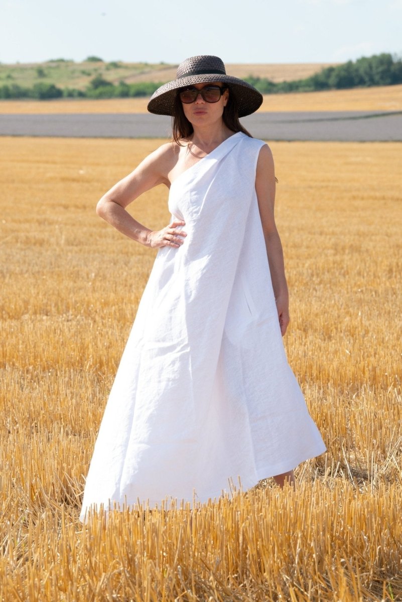 TIFFANY White Linen Dress With One Shoulder - EUG FASHION EugFashion 