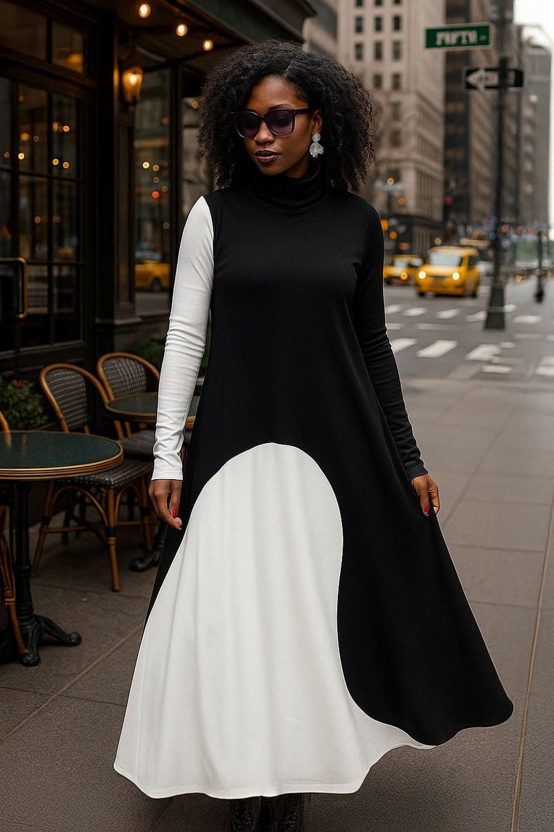 Turtleneck Black and White Dress VIVIAN - EUG Fashion