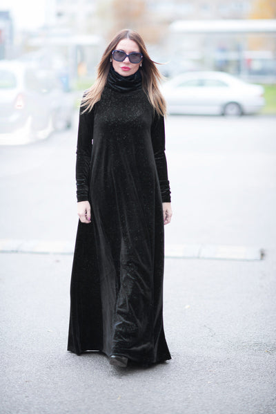 Turtleneck black velvet dress VIVIAN EugFashion 