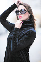 Black shimmer silk velvet A-line dress Vivian with polo neckline - EUG Fashion #black
