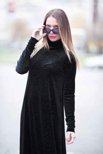 Turtleneck black velvet dress VIVIAN EugFashion 