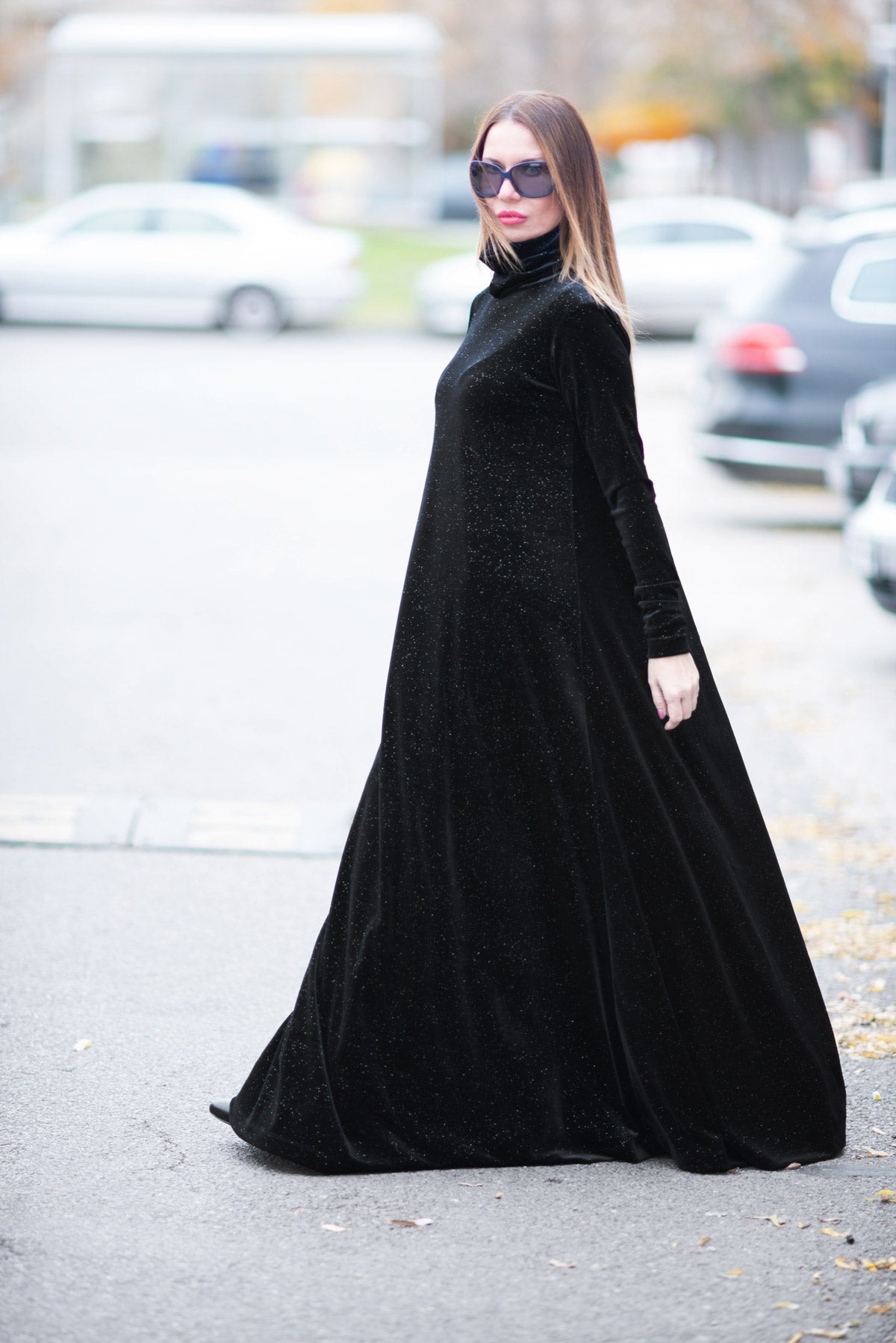 Turtleneck black velvet dress VIVIAN EugFashion 