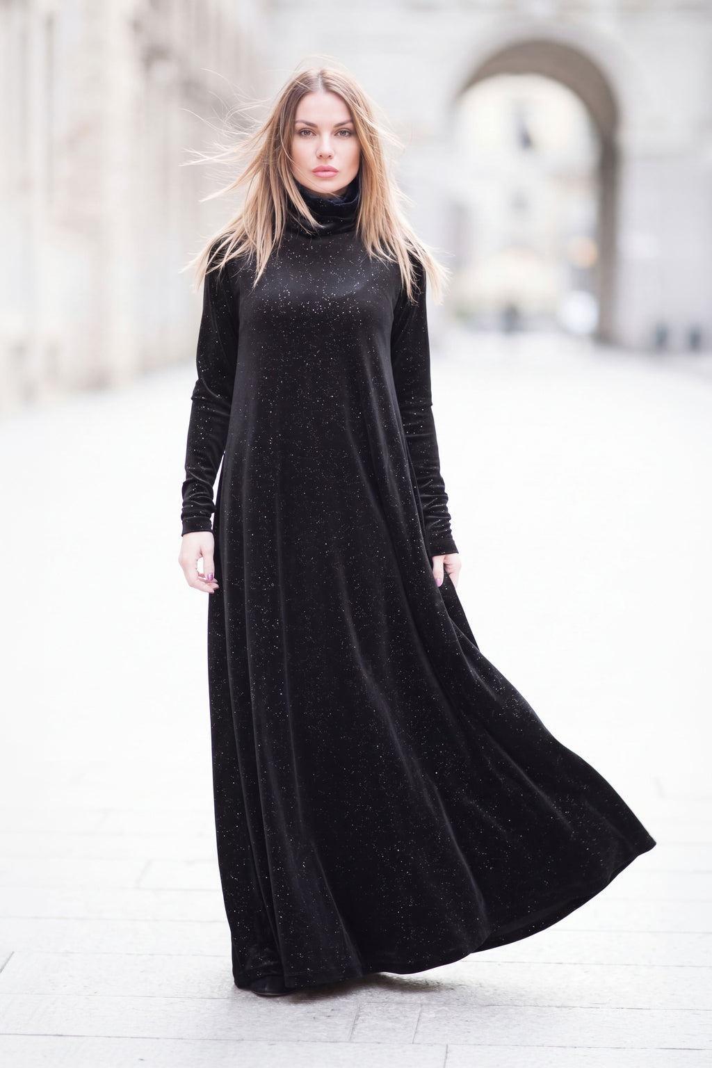 Black shimmer silk velvet A-line dress Vivian with polo neckline - EUG Fashion #black

