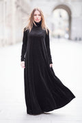 Black shimmer silk velvet A-line dress Vivian with polo neckline - EUG Fashion #black
