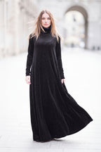 Black shimmer silk velvet A-line dress Vivian with polo neckline - EUG Fashion #black
