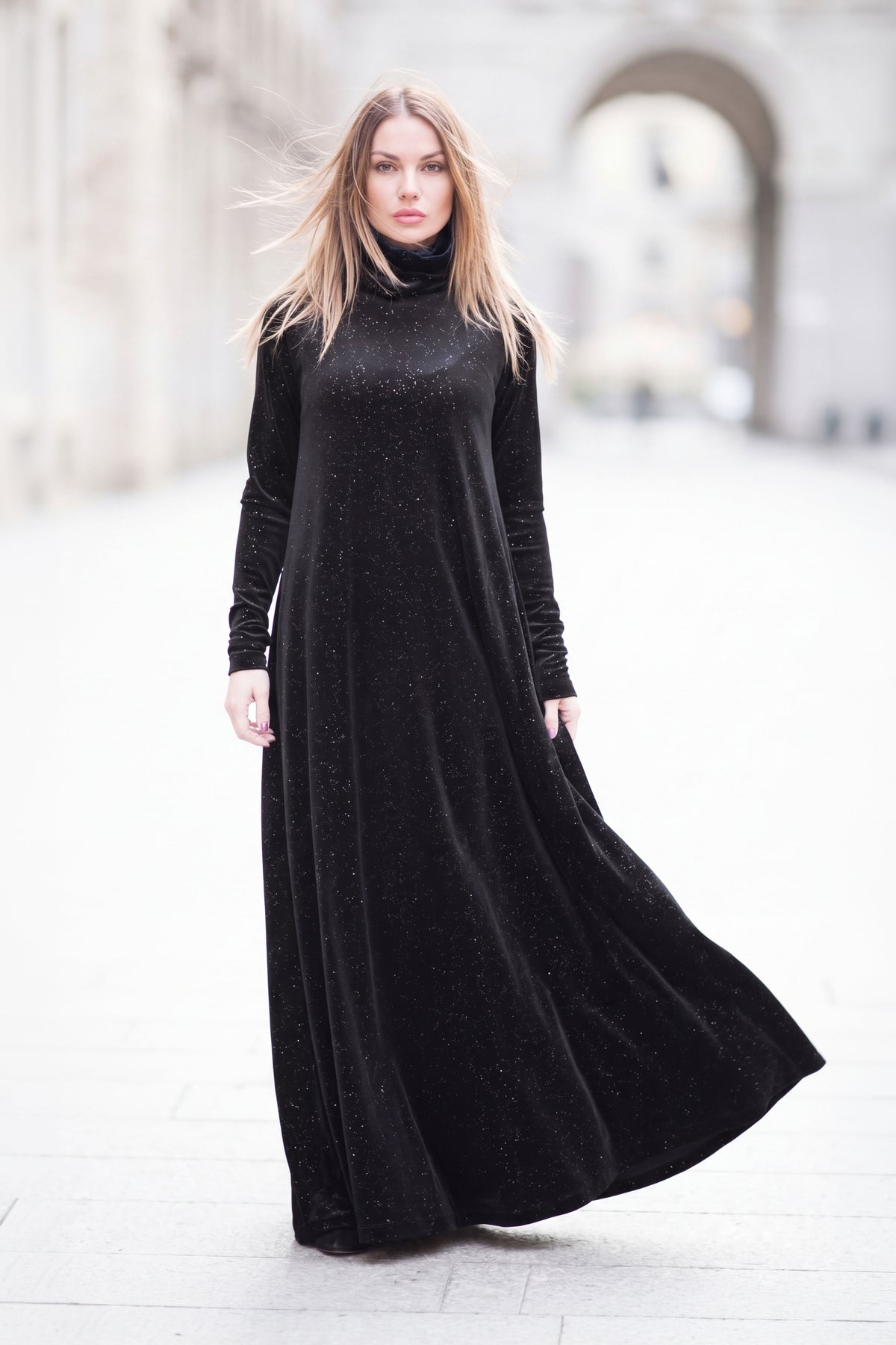 Black shimmer silk velvet A-line dress Vivian with polo neckline - EUG Fashion #black
