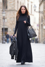 Black cotton-viscose turtleneck maxi dress Veronica with thumb holes - EUG Fashion #black