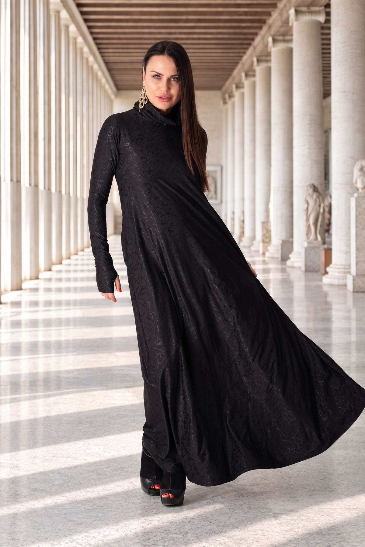 Black floral embroidered turtleneck maxi dress Veronica with silk threads - EUG Fashion #black
