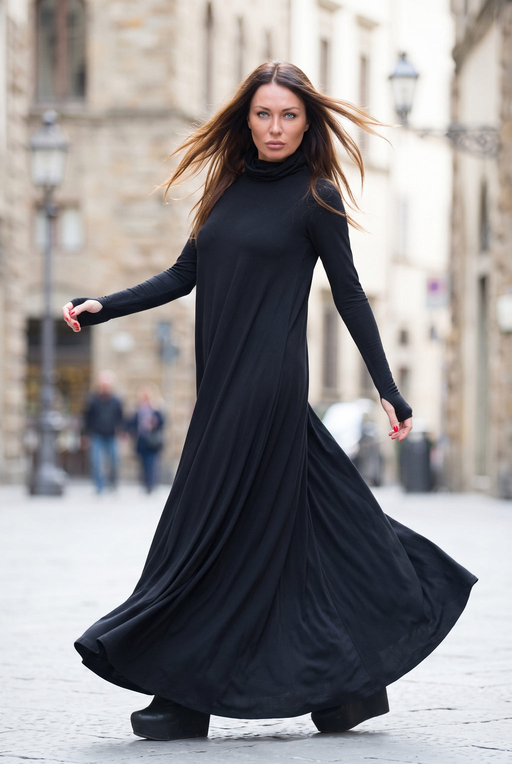Black cotton-viscose turtleneck maxi dress Veronica with thumb holes - EUG Fashion #black