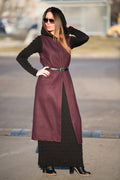 Dark red long sleeveless wool-feel vest with single-button closure - lightweight layering piece, Irene | EUG Fashion #dark-red
