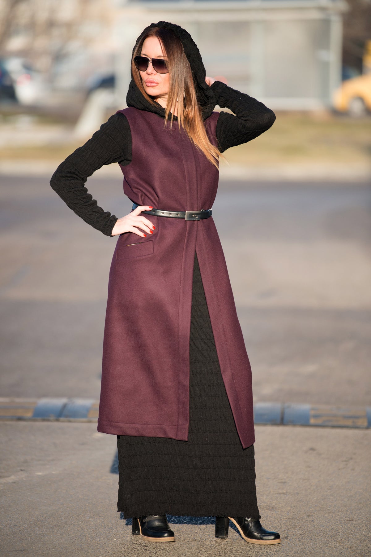 Dark red long sleeveless wool-feel vest with single-button closure - lightweight layering piece, Irene | EUG Fashion #dark-red
