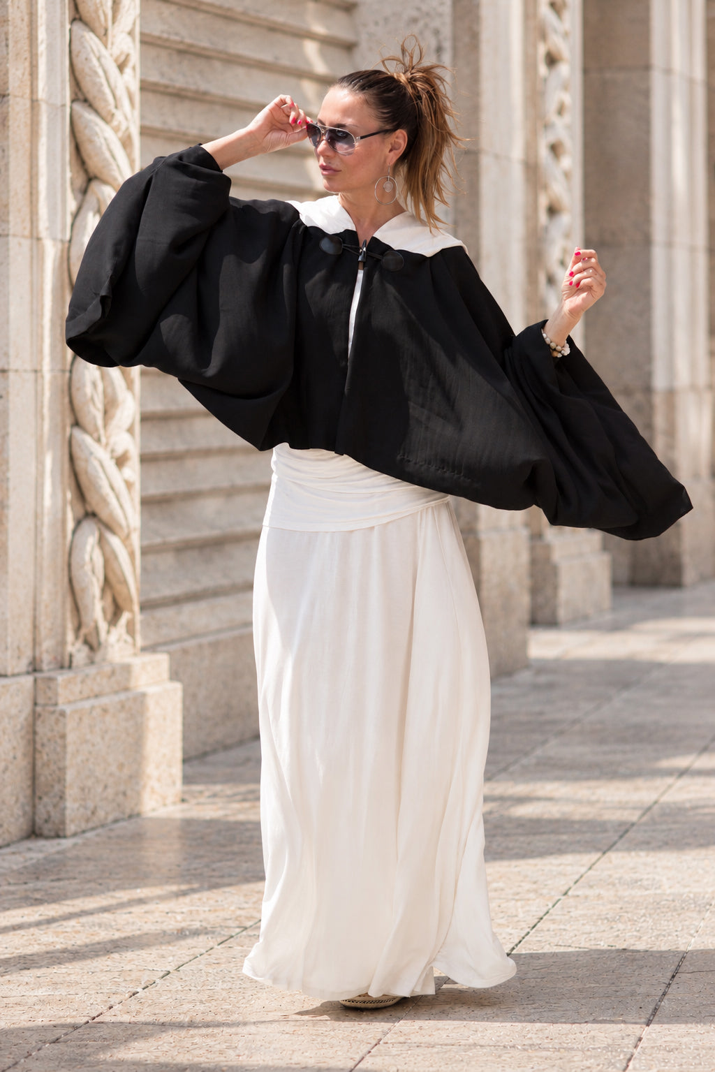 Black short cotton viscose poncho with white hood and very wide sleeves - lightweight cape, Anastasia | EUG Fashion #black
