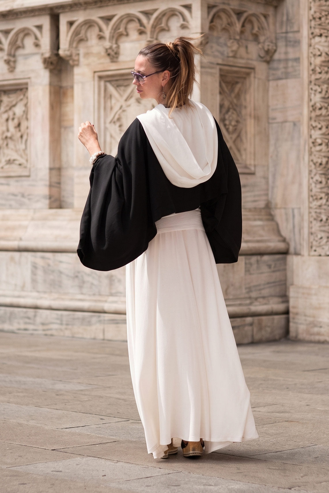 Black short cotton viscose poncho with white hood and very wide sleeves - lightweight cape, Anastasia | EUG Fashion #black
