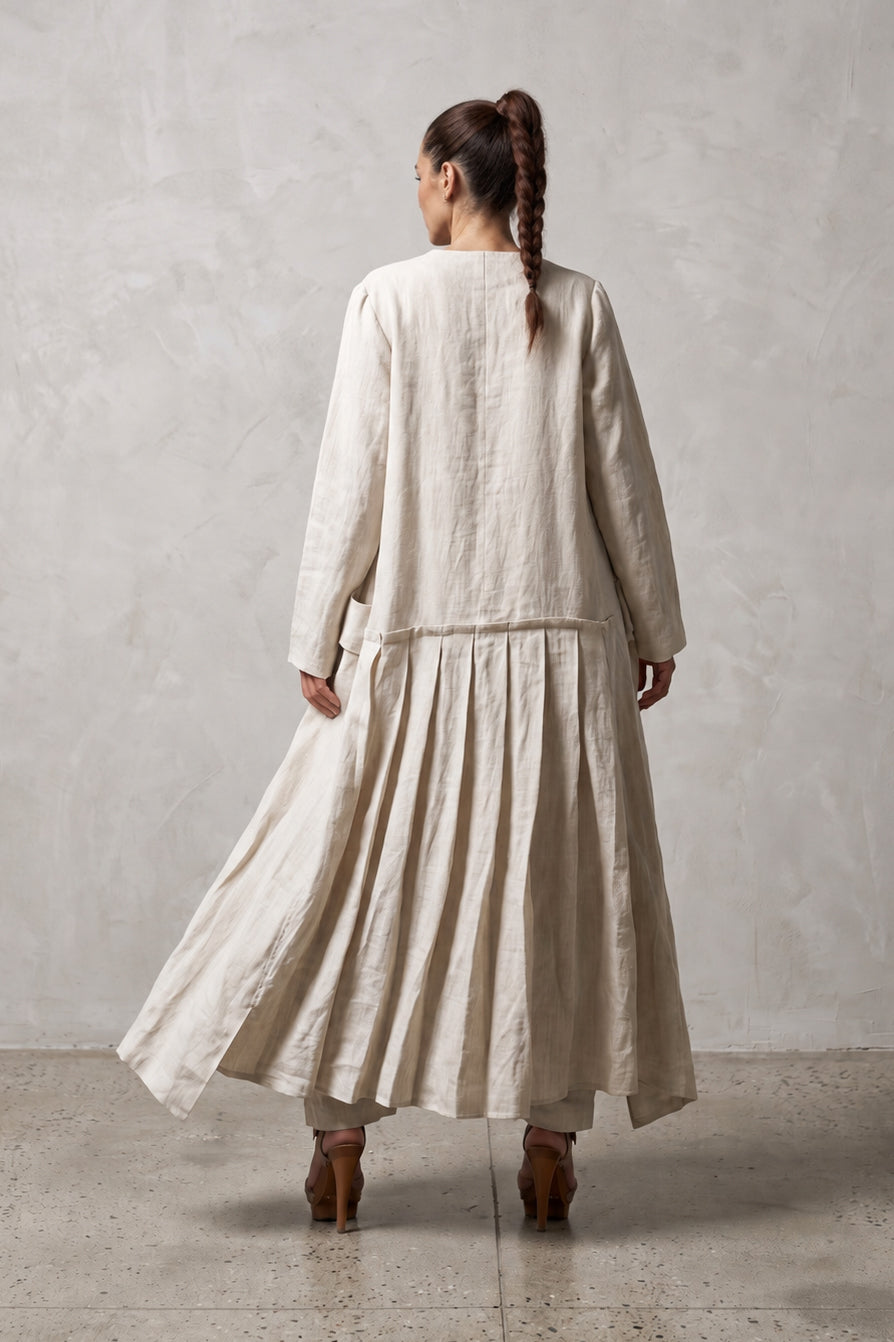 Natural long linen vest with robe-like sleeves and pleated back - front belt, two large pockets, Sonam | EUG Fashion #natural
