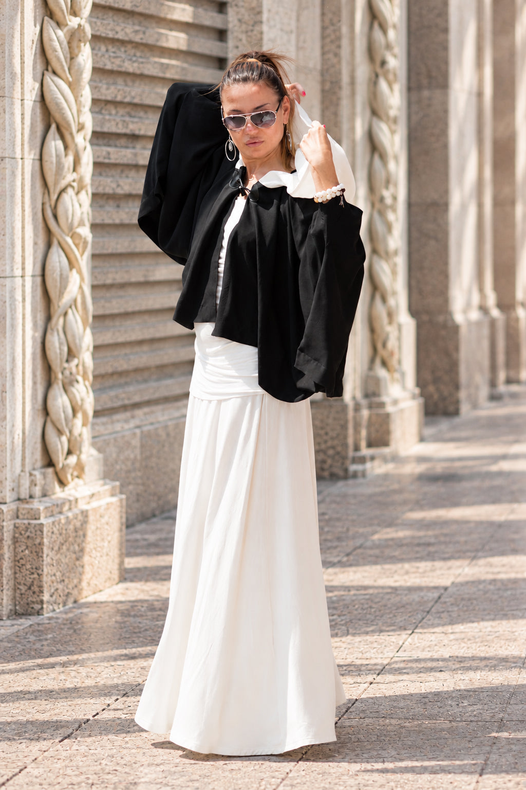 Black short cotton viscose poncho with white hood and very wide sleeves - lightweight cape, Anastasia | EUG Fashion #black
