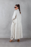 Natural long linen vest with robe-like sleeves and pleated back - front belt, two large pockets, Sonam | EUG Fashion #natural
