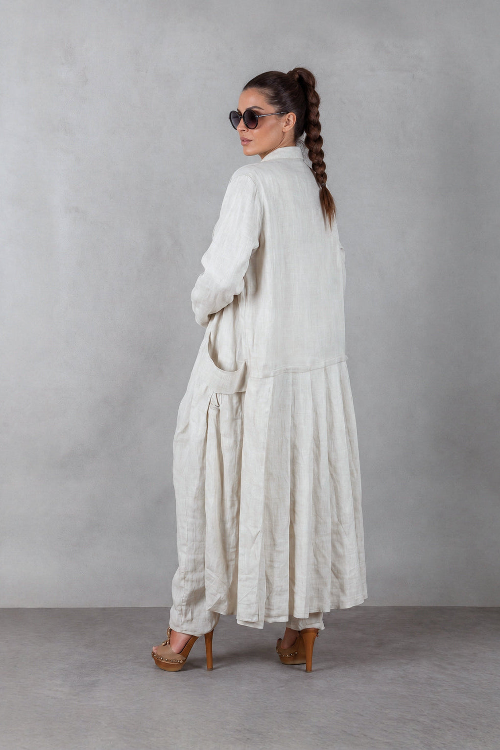 Natural long linen vest with robe-like sleeves and pleated back - front belt, two large pockets, Sonam | EUG Fashion #natural
