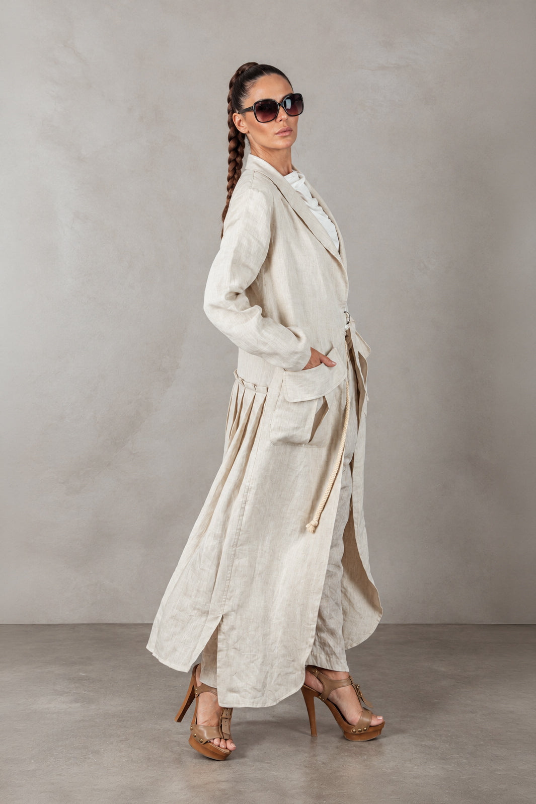 Natural long linen vest with robe-like sleeves and pleated back - front belt, two large pockets, Sonam | EUG Fashion #natural
