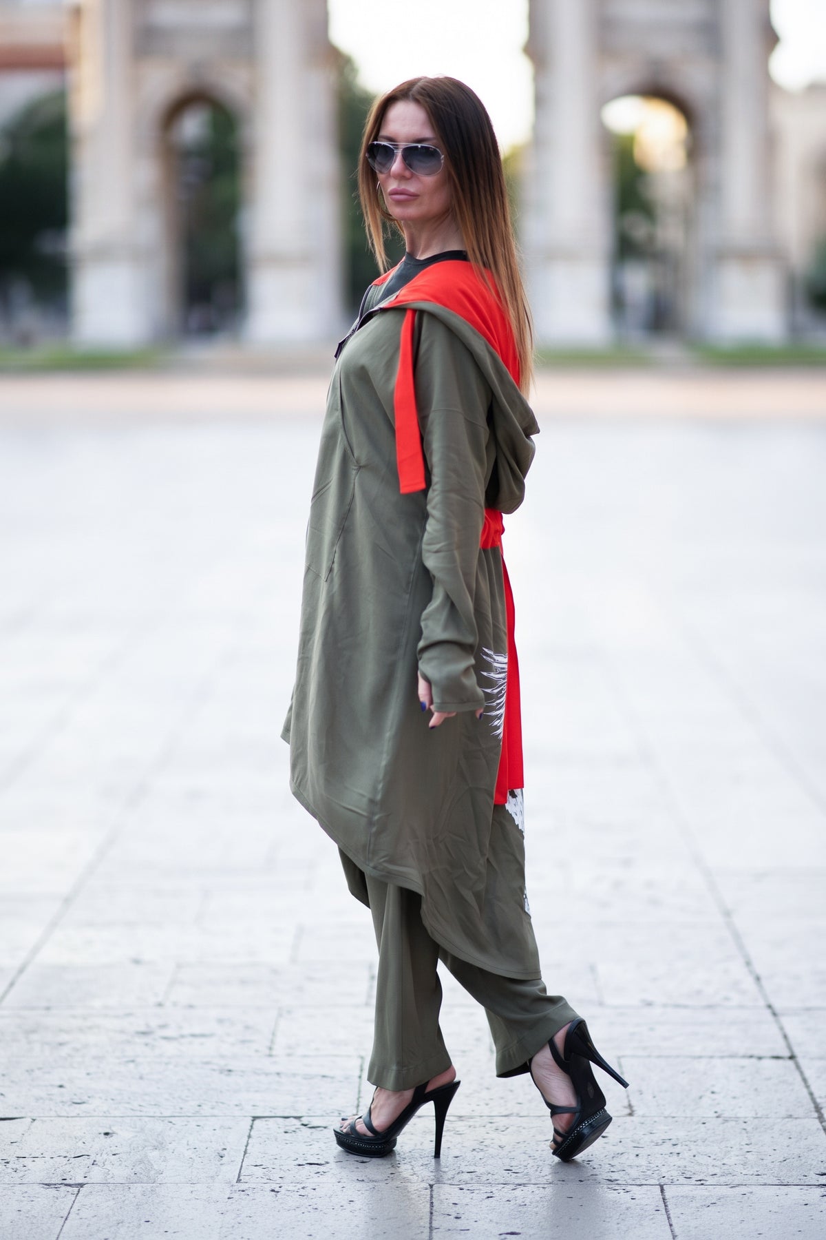 Military green hooded cotton viscose vest with orange belt and angel print on the back - asymmetric silhouette, Angela | EUG Fashion #military-green
