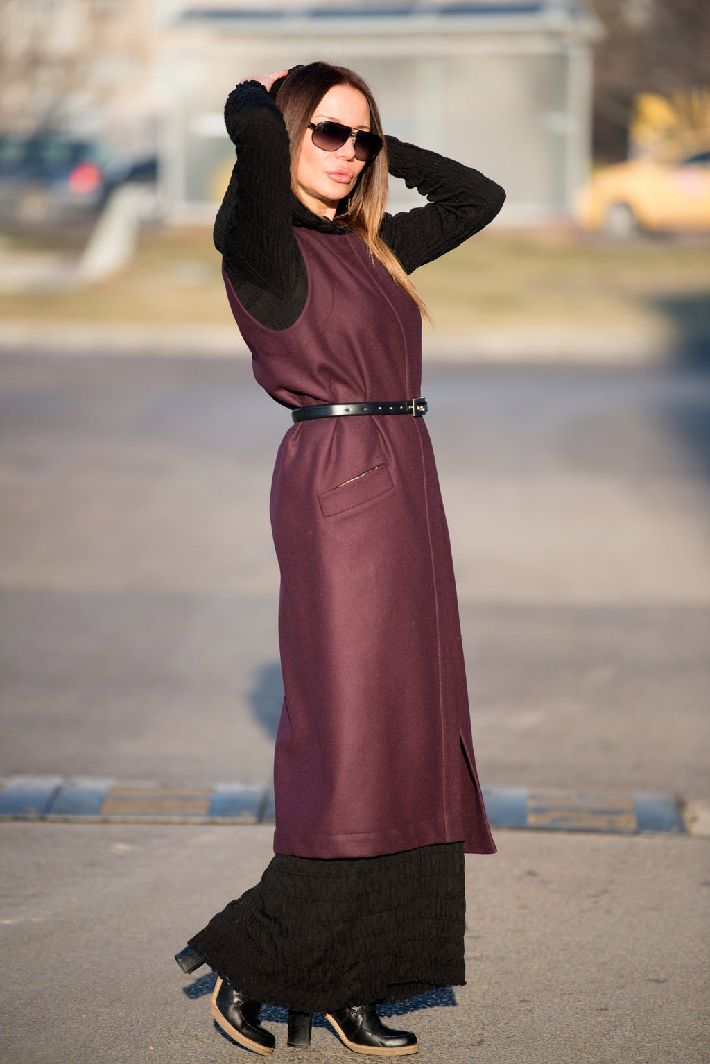 Dark red long sleeveless wool-feel vest with single-button closure - lightweight layering piece, Irene | EUG Fashion #dark-red
