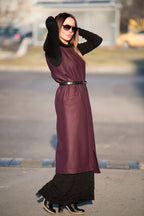 Dark red long sleeveless wool-feel vest with single-button closure - lightweight layering piece, Irene | EUG Fashion #dark-red
