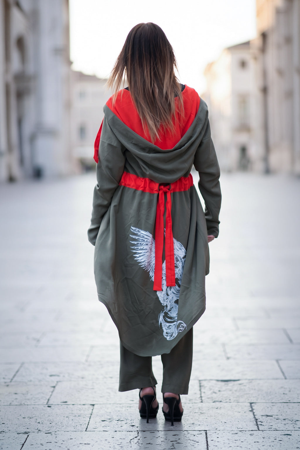 Military green hooded cotton viscose vest with orange belt and angel print on the back - asymmetric silhouette, Angela | EUG Fashion #military-green
