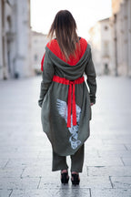 Military green hooded cotton viscose vest with orange belt and angel print on the back - asymmetric silhouette, Angela | EUG Fashion #military-green
