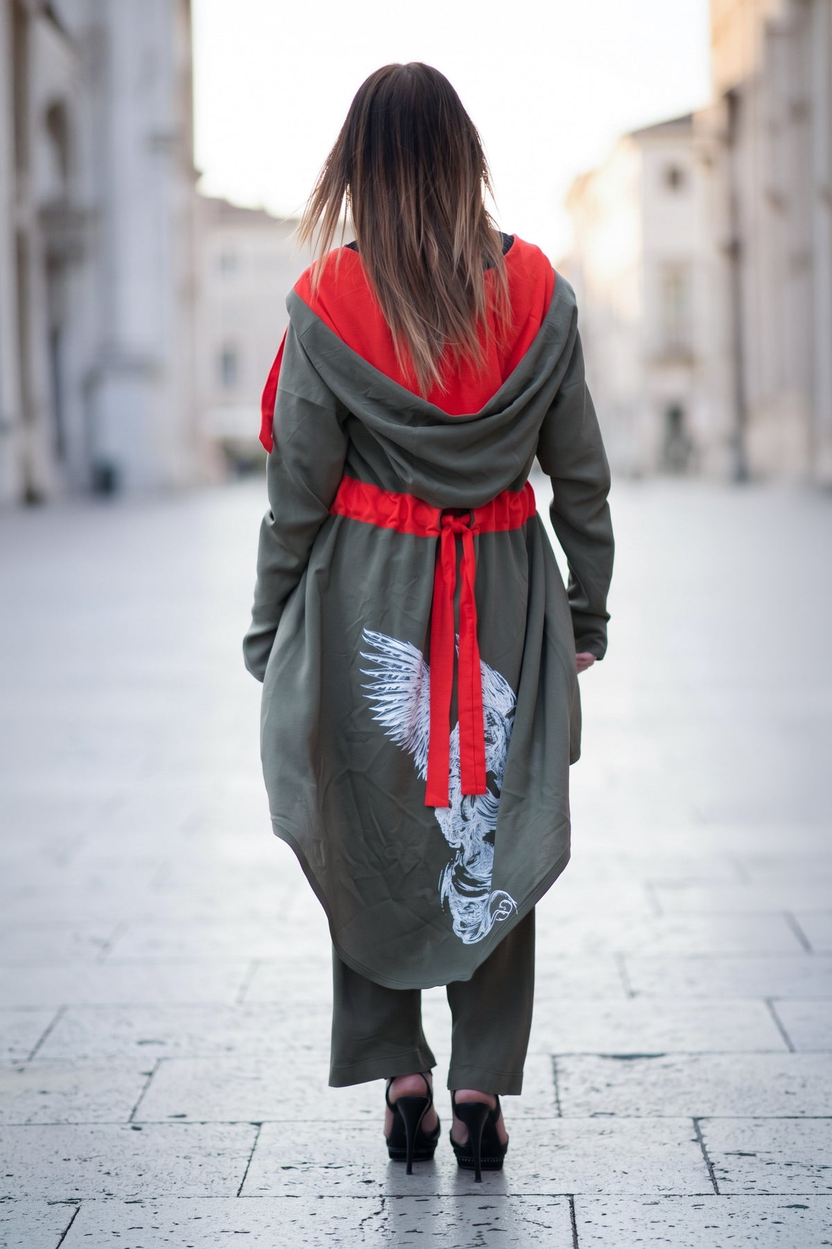 Military green hooded cotton viscose vest with orange belt and angel print on the back - asymmetric silhouette, Angela | EUG Fashion #military-green
