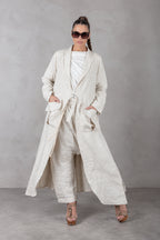Natural long linen vest with robe-like sleeves and pleated back - front belt, two large pockets, Sonam | EUG Fashion #natural
