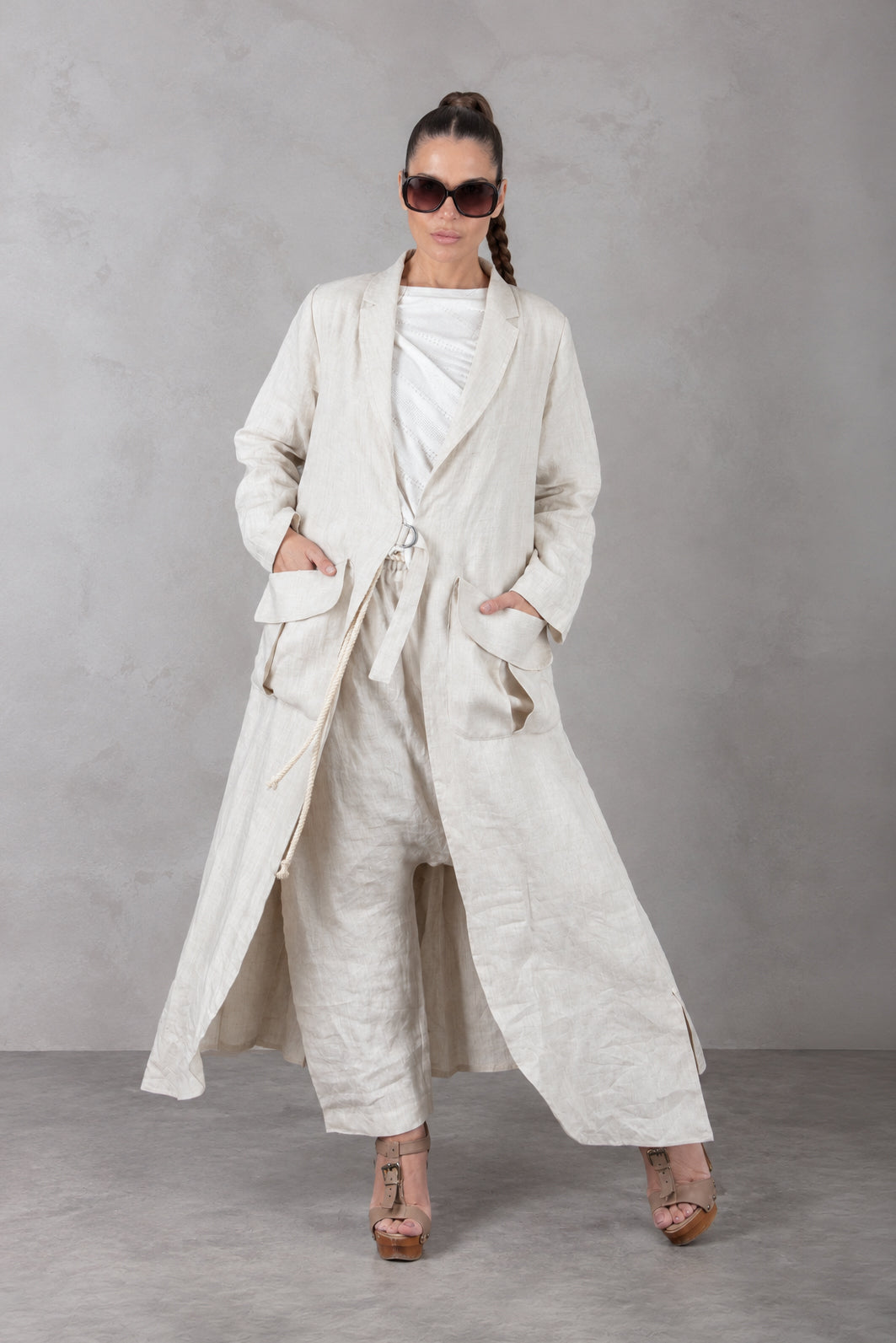 Natural long linen vest with robe-like sleeves and pleated back - front belt, two large pockets, Sonam | EUG Fashion #natural

