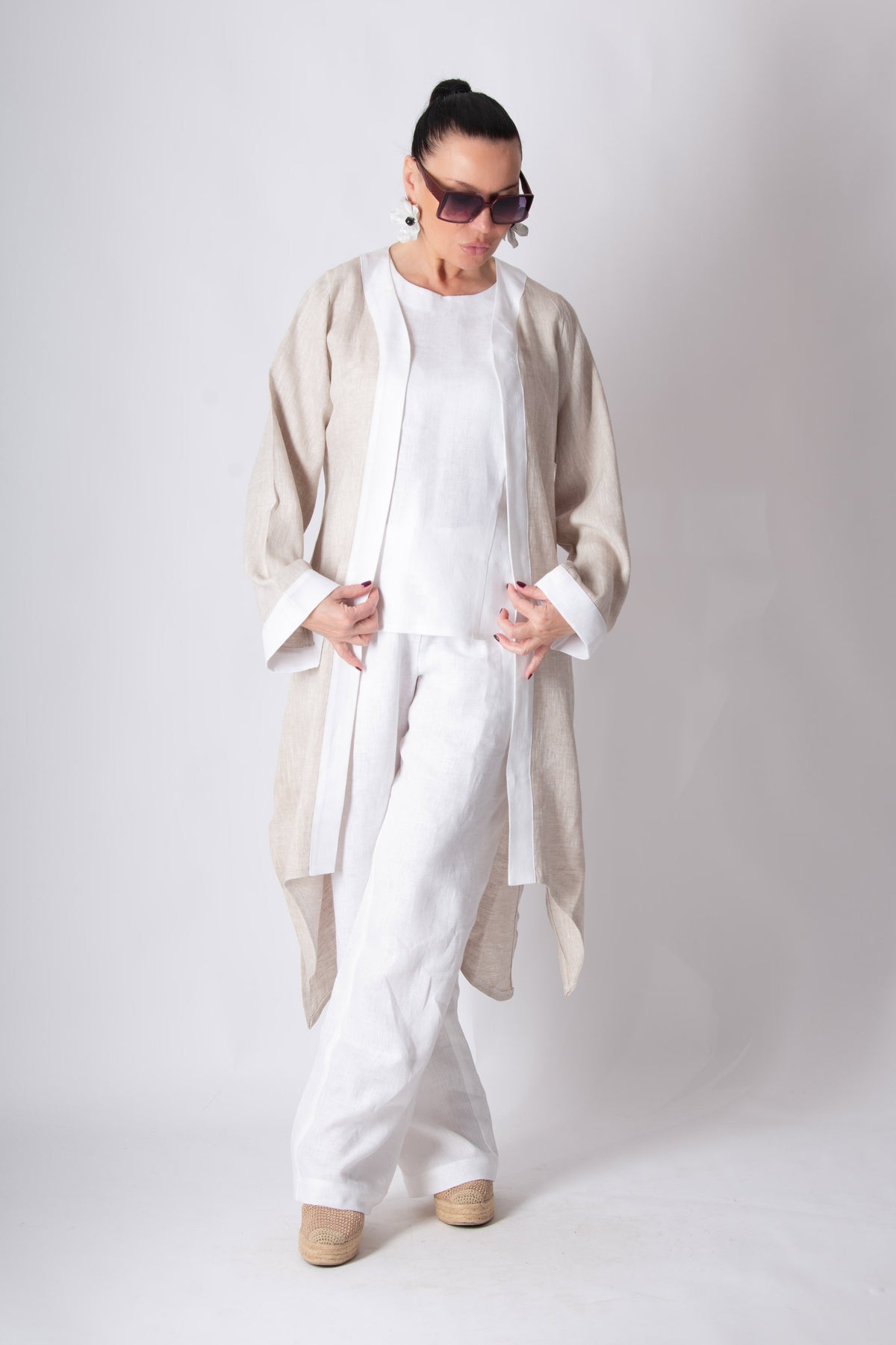 Natural wide linen vest with white trim on front and cuffs - wide sleeves, Genoa | EUG Fashion #natural
