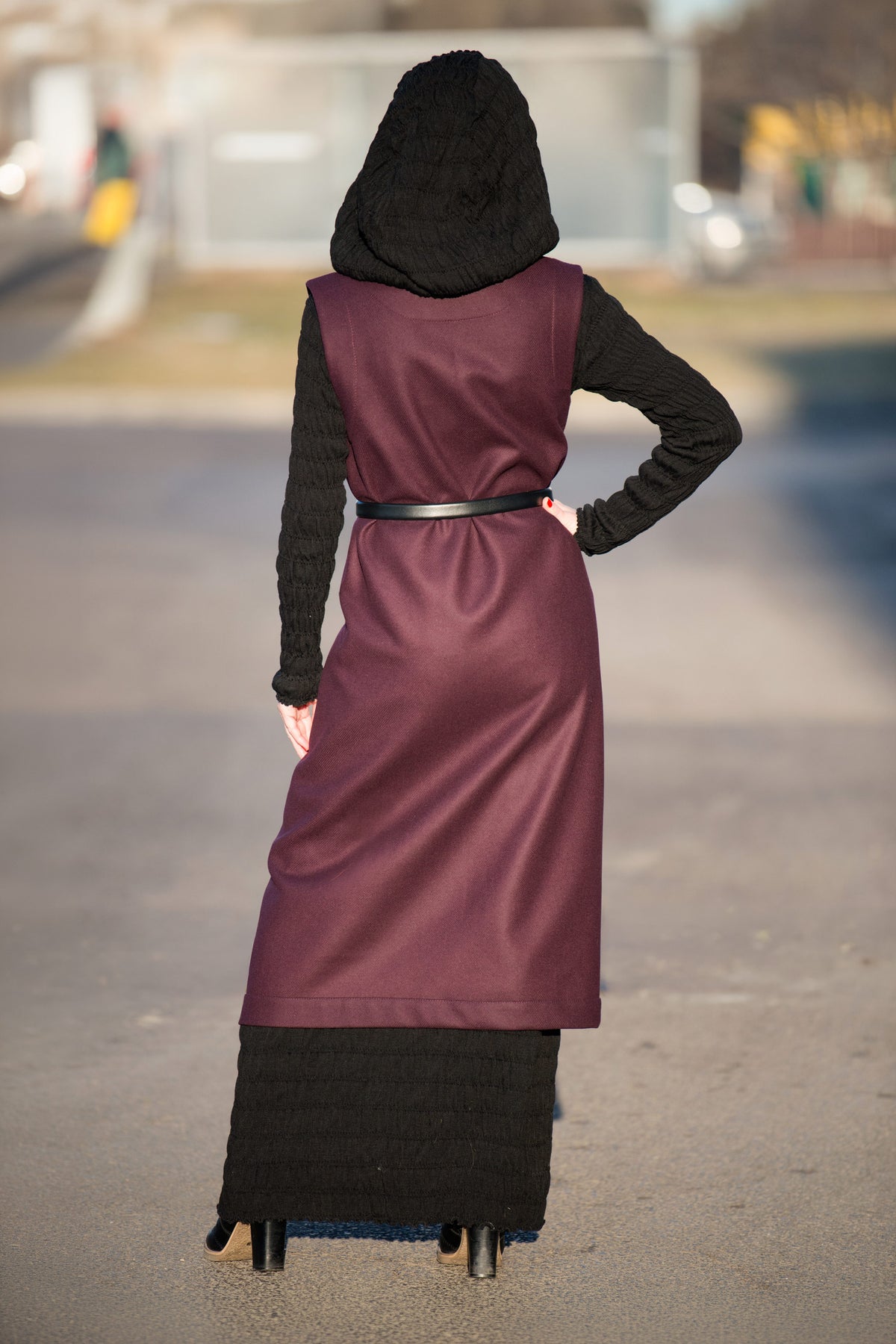Dark red long sleeveless wool-feel vest with single-button closure - lightweight layering piece, Irene | EUG Fashion #dark-red
