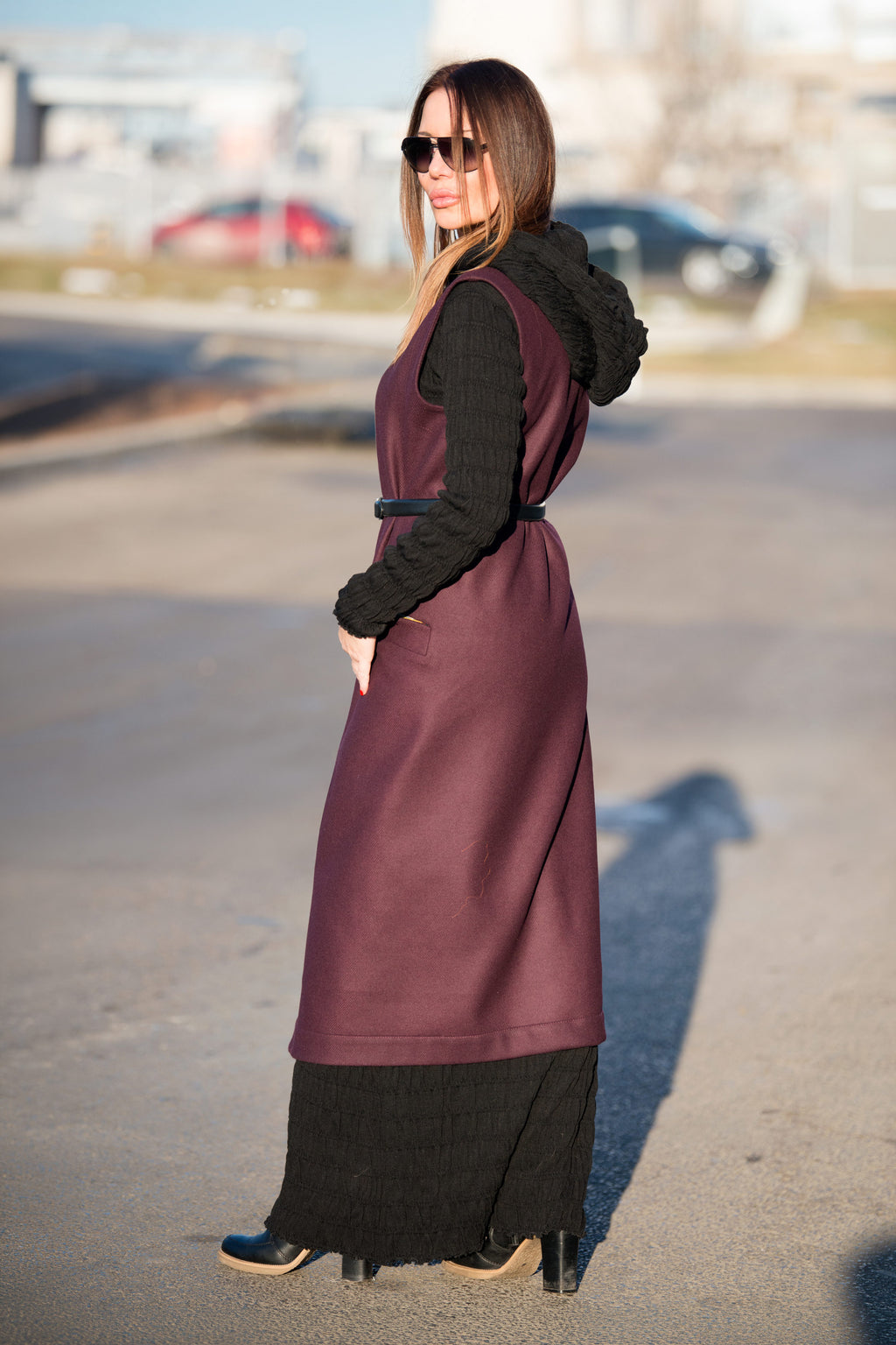Dark red long sleeveless wool-feel vest with single-button closure - lightweight layering piece, Irene | EUG Fashion #dark-red
