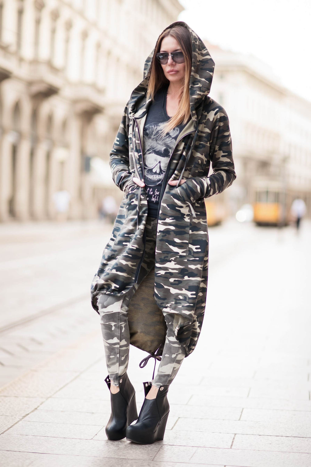 Camouflage hoodie and jumpsuit set - long hooded sweatshirt and matching jumpsuit, Kamila | EUG Fashion #camouflage