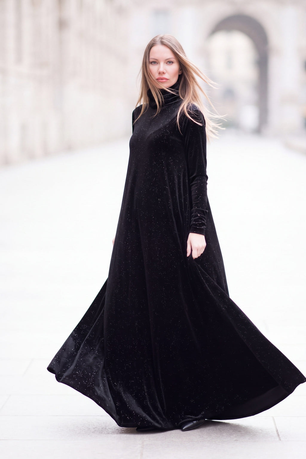 Black shimmer silk velvet A-line dress Vivian with polo neckline - EUG Fashion #black
