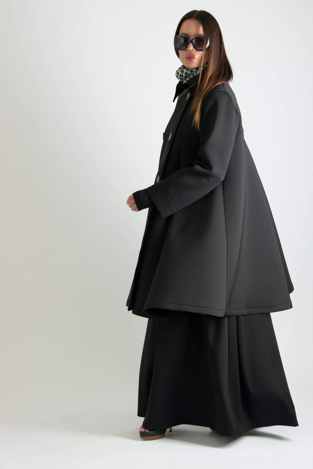 Black neoprene A-line blazer coat Kylie double-breasted - EUG Fashion #black

