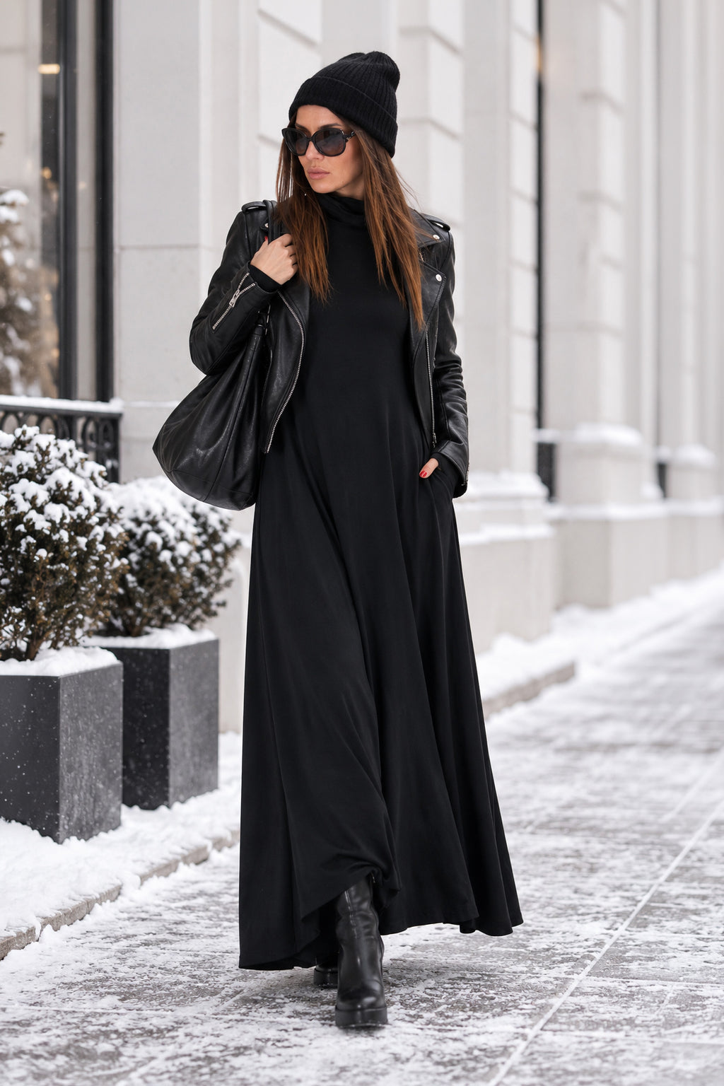 Black punto milano turtleneck maxi dress Vivian with thumb holes and pockets - EUG Fashion #black
