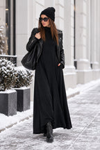 Black punto milano turtleneck maxi dress Vivian with thumb holes and pockets - EUG Fashion #black
