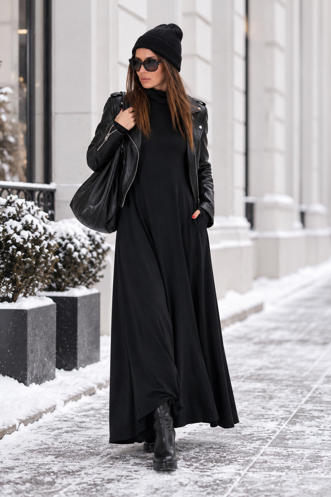 Black punto milano turtleneck maxi dress Vivian with thumb holes and pockets - EUG Fashion #black
