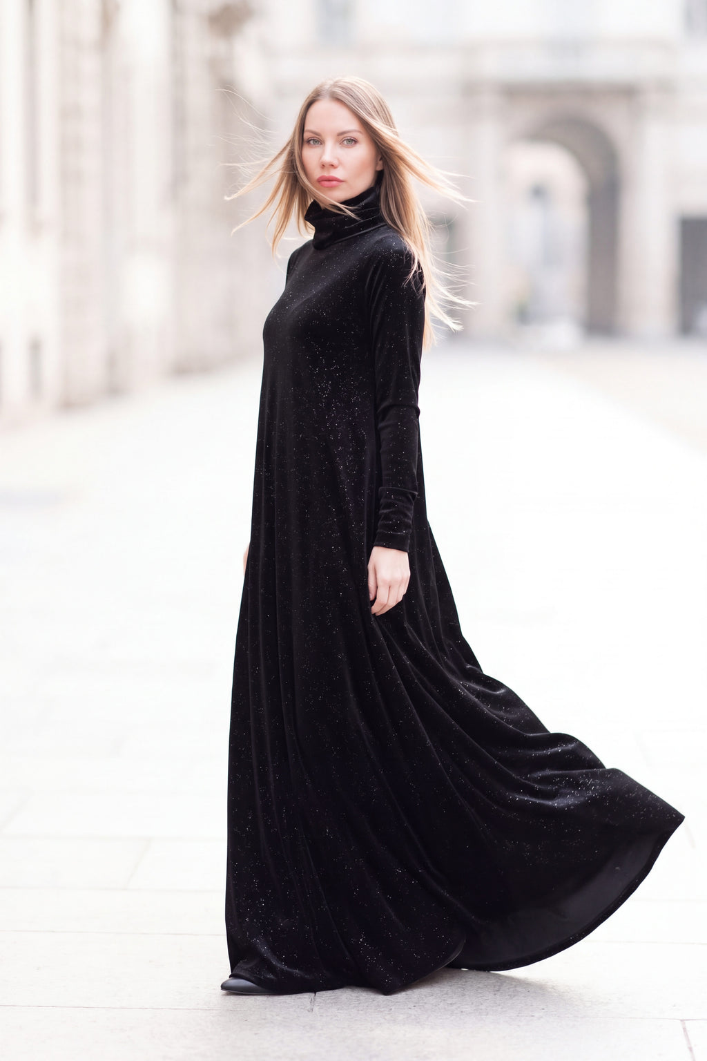Black shimmer silk velvet A-line dress Vivian with polo neckline - EUG Fashion #black
