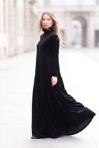Black shimmer silk velvet A-line dress Vivian with polo neckline - EUG Fashion #black
