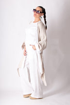 Natural wide linen vest with white trim on front and cuffs - wide sleeves, Genoa | EUG Fashion #natural
