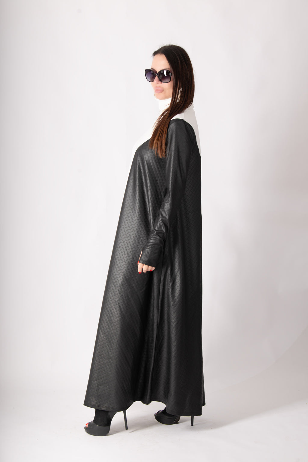 Black and white leather-look punto milano A-line dress Vivian - EUG Fashion 
