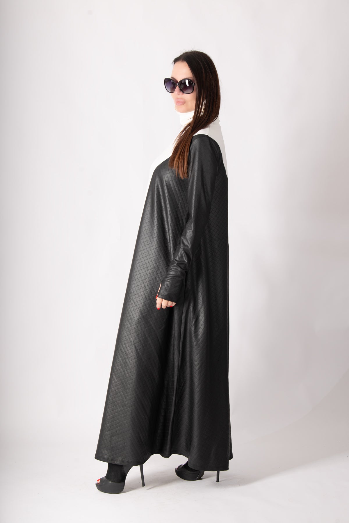 Black and white leather-look punto milano A-line dress Vivian - EUG Fashion 
