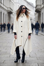 Off-white cashmere-feel cape coat with decorative side zippers and classic collar - asymmetric unlined design, Federica | EUG Fashion #off-white
