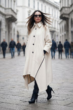 Off-white cashmere-feel cape coat with decorative side zippers and classic collar - asymmetric unlined design, Federica | EUG Fashion #off-white
