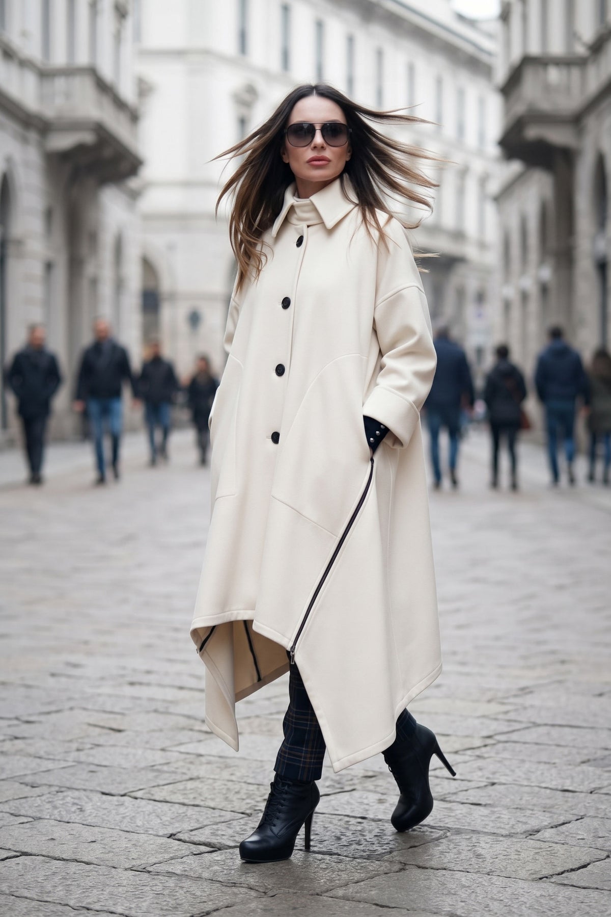 Off-white cashmere-feel cape coat with decorative side zippers and classic collar - asymmetric unlined design, Federica | EUG Fashion #off-white
