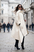 Off-white cashmere-feel cape coat with decorative side zippers and classic collar - asymmetric unlined design, Federica | EUG Fashion #off-white
