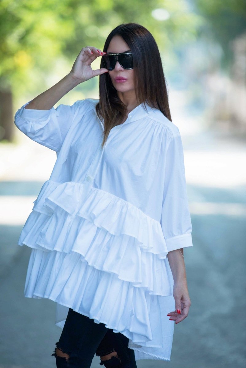 White Flounces Loose Summer Shirt NOOR - EUG Fashion